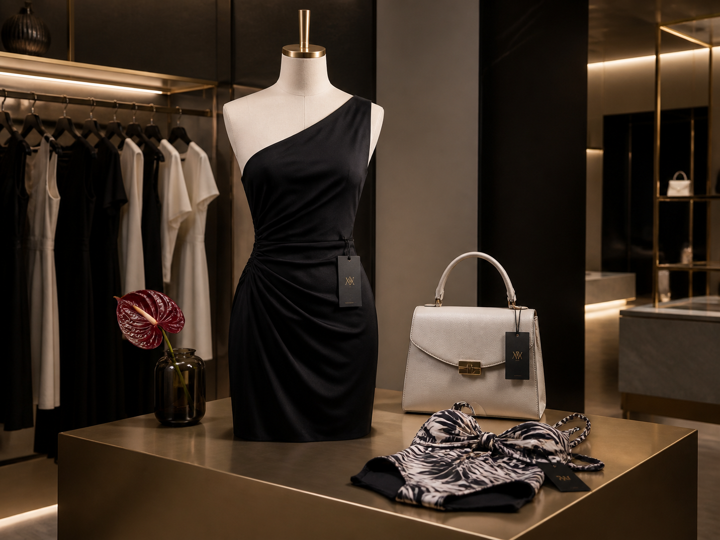 Vestido, cartera y traje de baño nuevos con etiqueta